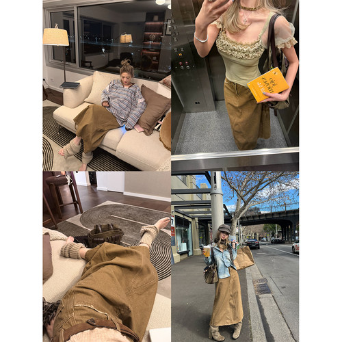 XinleiLin深卡其色牛仔半身长裙