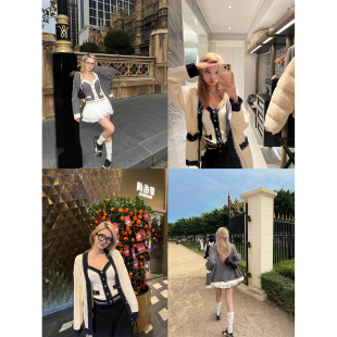 套装 Xinlei 学院小香风撞色吊带背心针织开衫 纽约图书馆 Lin