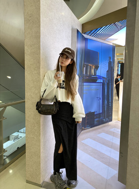 Xinlei Lin 秋季新款有效chic羊绒感弹力开叉深灰色半身裙长裙女