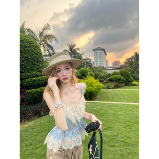 Xinlei Lin 格蕾香榭 法式蕾丝缎面提花吊带上衣