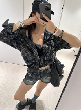 Xinlei Lin “挪威森林”blc'g灰绿色格子衬衫上衣女秋季新款单穿