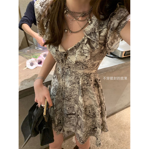 Xinlei Lin  独立设计！涂鸦绑带碎花短袖连衣裙短裙（腰封单拍）