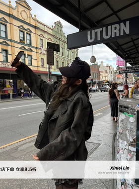 Xinlei Lin   质感绝“磨砂剪花肌理”机车风麂皮外套皮衣女秋冬