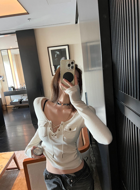 Xinlei Lin“古着商店”复古辣妹半开领设计感绑带长袖T恤上衣