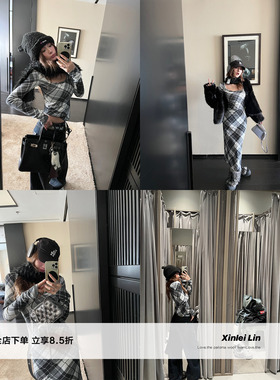 Xinlei Lin “英国冬令”黑白不规则格子印花方领修身连衣裙/上衣