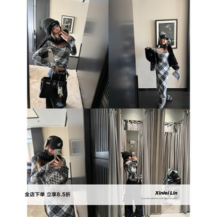 Xinlei Lin “英国冬令”黑白不规则格子印花方领修身连衣裙/上衣