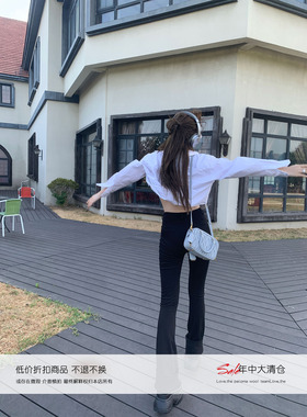 Xinlei Lin 秋新款 高腰紧身微喇显瘦黑色牛仔休闲长裤