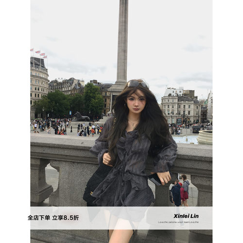 XinleiLin不规则格子衬衫半裙套