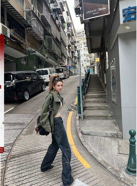 Xinlei Lin 复古摩登 美式做旧深蓝水洗直筒牛仔裤