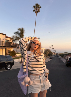 Xinlei Lin 美式girl MIU感知识分子POLO衫条纹长袖T恤