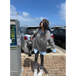 假两件慵懒绵羊毛混纺拼接长袖 英伦艺术生 毛衣 Lin Xinlei