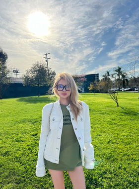 Xinlei Lin 编织丹宁 小众美式复古牛仔小香立领短款外套夹克