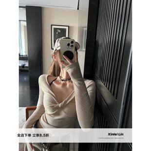 胸前扭结长袖 Xinlei 坑条针织修身 月光四重奏 T恤上衣女 Lin