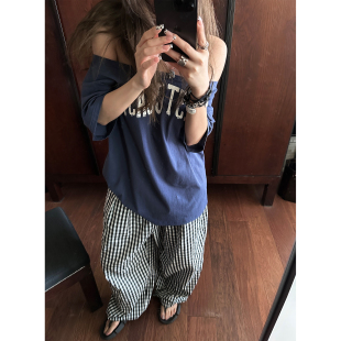 辣妹露肩斜肩新款 美式 短袖 T恤女上衣女款 上衣 Xinlei 宽松夏季 Lin