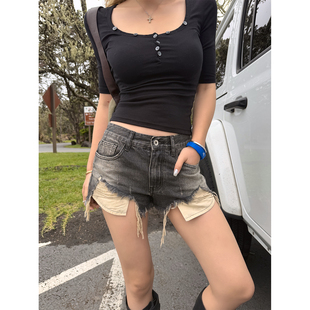Xinlei Lin +高5cm 显高显瘦不规则破洞毛边水洗辣妹牛仔短裤