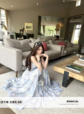 Xinlei Lin “夏日人鱼姬”提花人鱼姬雪纺吊带连衣裙长裙女春夏
