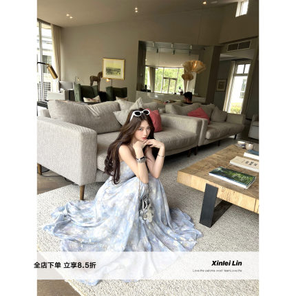 Xinlei Lin “夏日人鱼姬”提花人鱼姬雪纺吊带连衣裙长裙女春夏