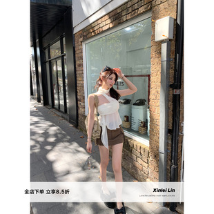 印花撒银雪纺飘带不规则下摆抹胸上衣女 海盐气泡 Xinlei Lin