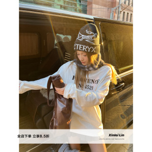 字母印花宽松雪花棉磨毛长袖 叠穿公式 T恤女上衣 Lin Xinlei