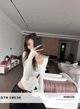 Xinlei Lin “纸片人”正反两穿挂脖针织长袖T恤女秋季新款上衣