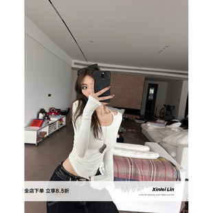 Lin 新款 纸片人 T恤女秋季 上衣 正反两穿挂脖针织长袖 Xinlei