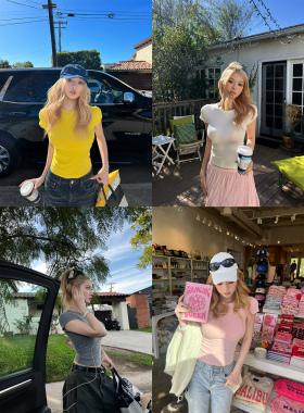 Xinlei Lin 人均卡戴珊 sk*ms正肩百搭简约圆领修身针织短袖T恤