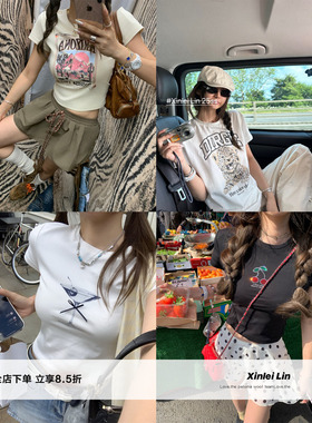 Xinlei Lin 夏日蒸汽波 T恤集合复古印花烫钻宽松/修身版型短袖t