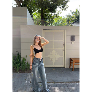 Lin 长裤 时髦精 休闲裤 女春夏 猫须水洗雅痞直筒牛仔裤 Xinlei