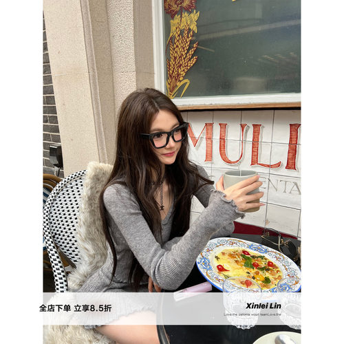 Xinlei Lin“温柔捕手”波浪边设计V领毛衫+A字伞裙针织套装女新