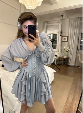 Xinlei Lin “奥得蒂”湖蓝色雪纺腰封连衣裙长裙女春夏裙子