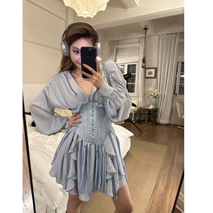 Xinlei Lin “奥得蒂”湖蓝色雪纺腰封连衣裙长裙女春夏裙子