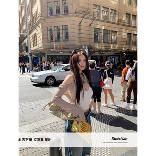 重工设计感钉珠毛衫 午后甜茶 弹力烫钻绑带挂脖 Lin Xinlei