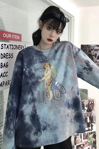 Cotton imitation polyester spandex sweater women's new loose mid-length tie-dye girlfriends dress