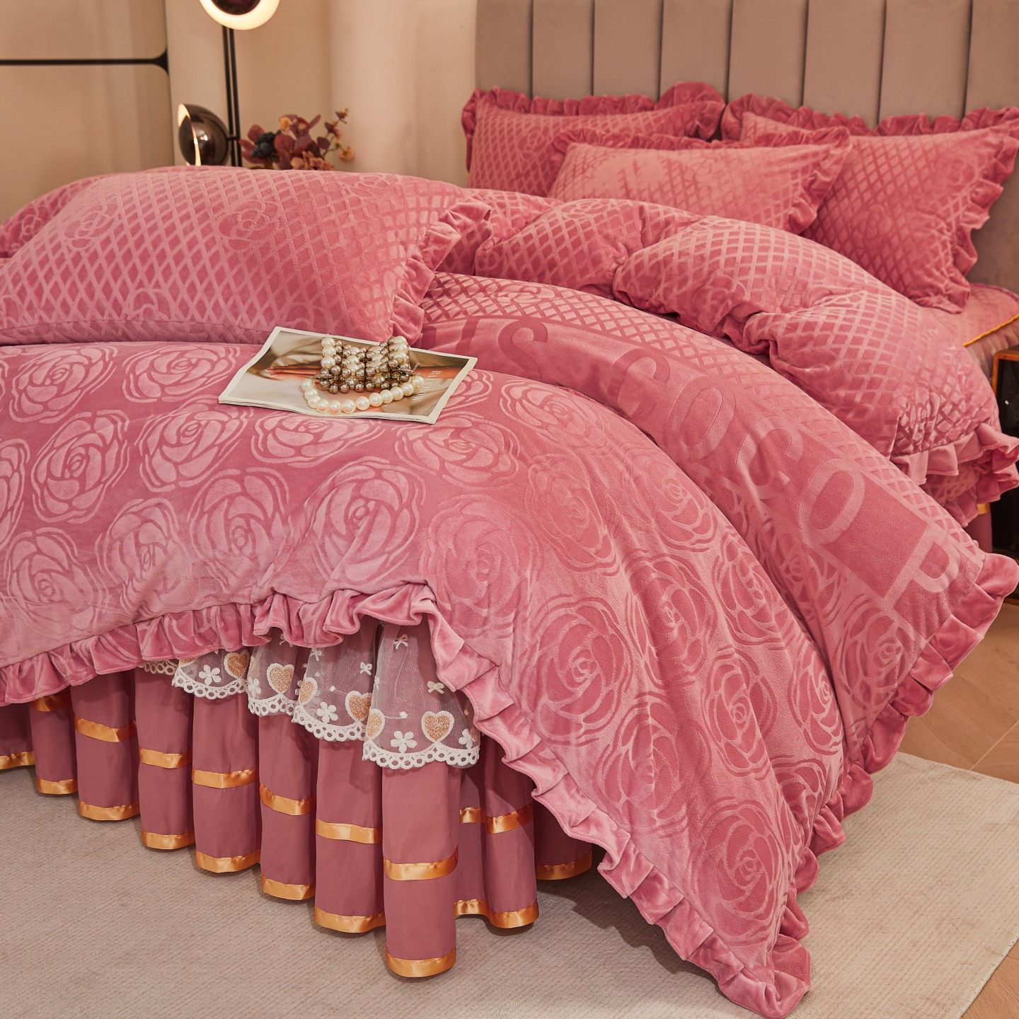 韩版宝宝绒床裙款四件套蕾丝花边加厚婴儿绒双面绒被套床单裸睡