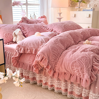 冬季牛奶雕花绒床裙四件套双面绒被套法兰绒加厚加绒保暖裸睡