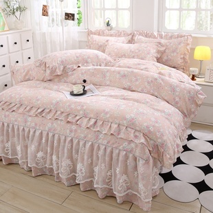 双层纱床裙四件套三件套公主风蕾丝花边被套床裙四季 韩式 可机洗