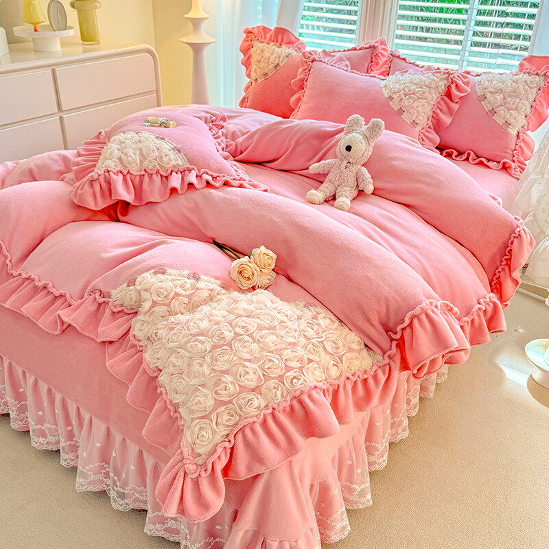 韩版牛奶绒四件套双面绒花边被套床裙法兰绒加厚加绒保暖床上冬季