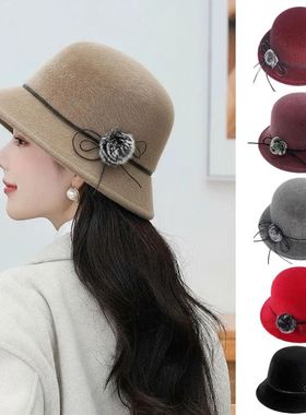 Elegant Women Fedora Hat Vintage Pompom Bowknot Flat Top Fel