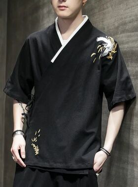 Men's Crane Embroidery Cross-collar Short-sleeved Shirt, Cot