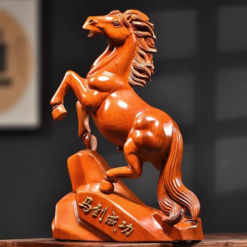 Rosewood Carved Horse Statue - Wealth Lucky Zodiac Horse Dec