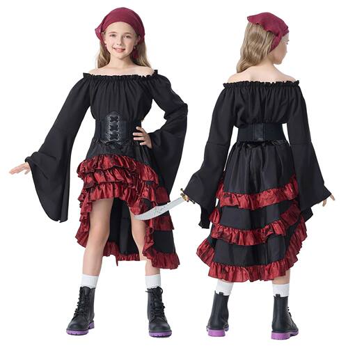 Girls Medieval Pirate Costume Corset Off Shoulder Top Ruffle