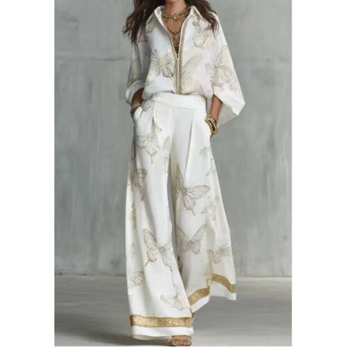Fashion Butterfly Print Zipper Shirt + Trousers 2-piece Set