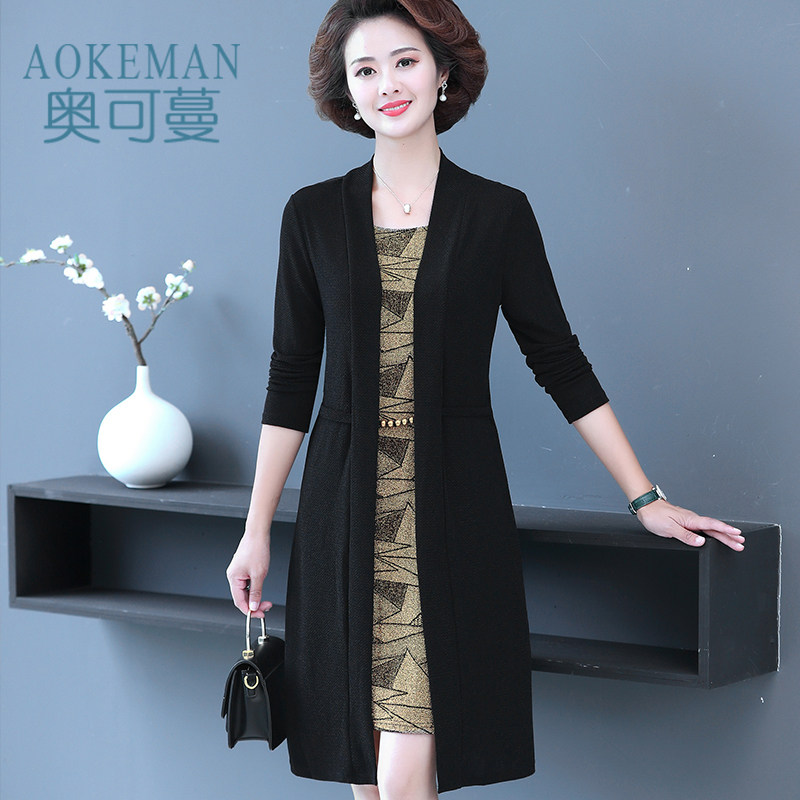 中年妈妈秋装新款长袖连衣裙子中老年女装洋气时尚中长款假二件套