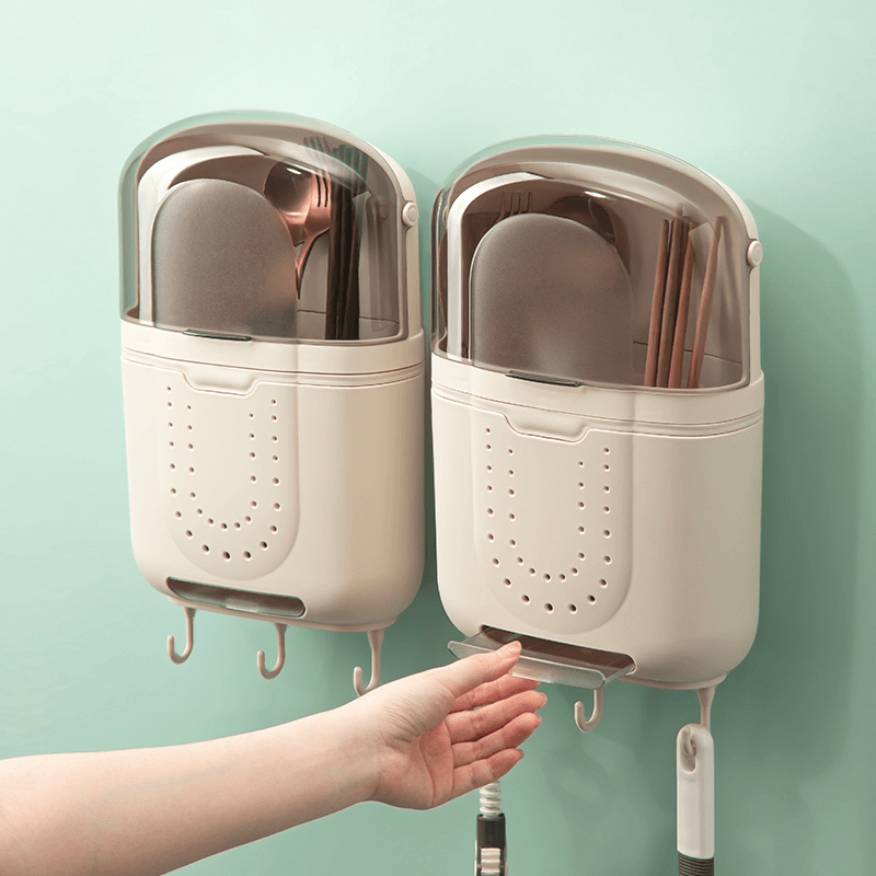 【奶油色】筷子桶无痕壁挂式带盖防尘筷篓沥水收纳勺子置物架家用