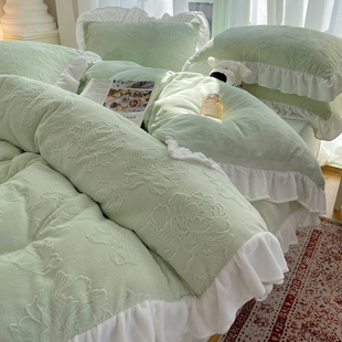 冬天韩式花边加厚保暖牛奶绒四件套床笠款雕花加绒床单被套三件套
