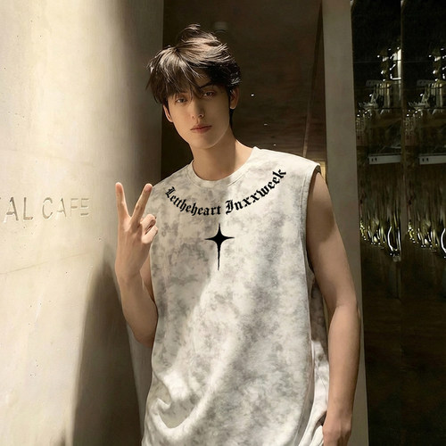 美式复古休闲运动汗背心男士夏季高级感潮流宽松扎染坎肩无袖T恤