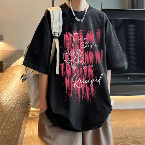 男士t恤短袖夏季重磅美式高街上衣男青少年圆领宽松潮流5分袖体恤