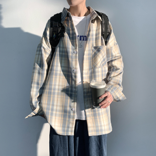 男士 潮牌休闲条纹春秋衣服长袖 春季 美式 外套 新款 格子衬衫