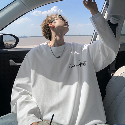 黑色重磅美式长袖t恤男秋冬潮牌痞帅炸街卫衣无帽纯棉内搭打底衫