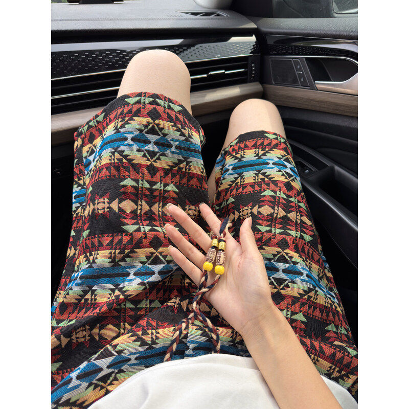 民族风提花短裤男士夏季高街潮牌印花五分裤休闲痞帅oversize